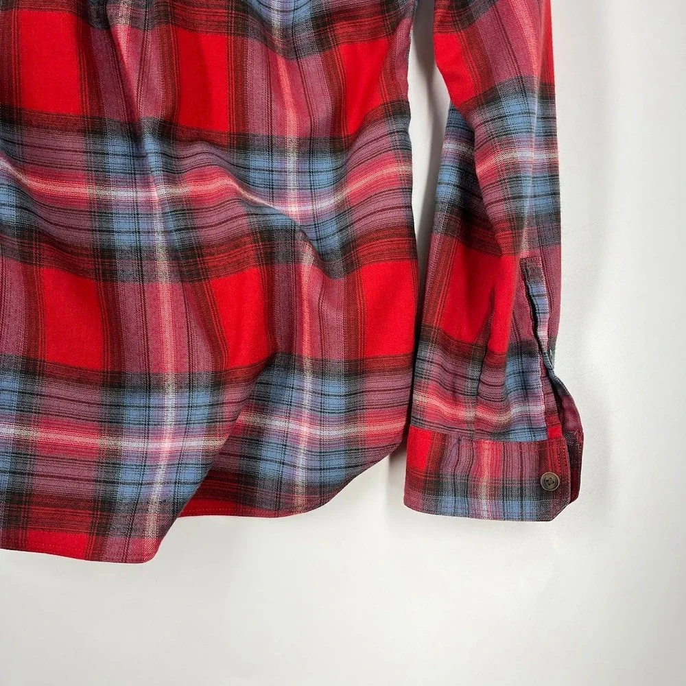 Eddie‎ Bauer Red Blue Plaid Flannel Button Down Shirt Womens Long Sleeve Pockets